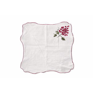 Reusable cotton cloth table napkins with fruit illustrations including lemon, orange, grapes and pomegranate, decorative napkins for dining table and brunch table settings.