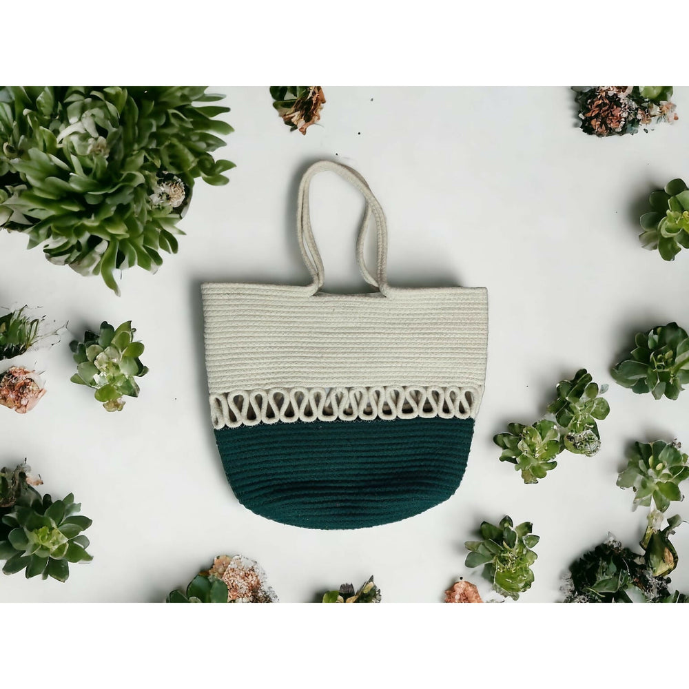 Handwoven cotton rope designer bag in cream and green by ONEarth