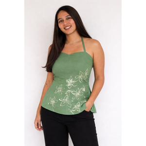 The Phool Halter Top by JOD, green floral sleeveless summer top in regular and plus sizes