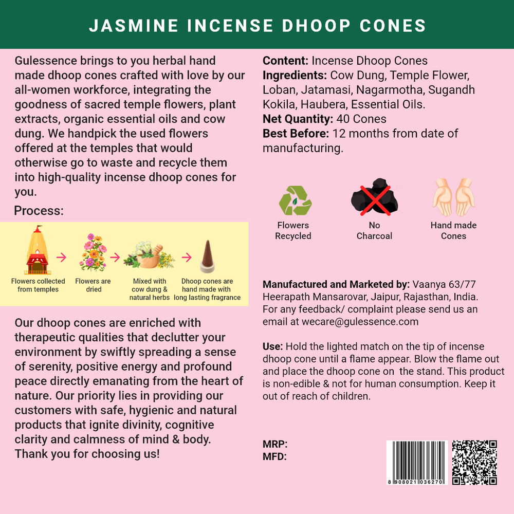 Jasmine Dhoop Cones | Made from Cow dung & Temple Flower | Gulessence - EarthBased 