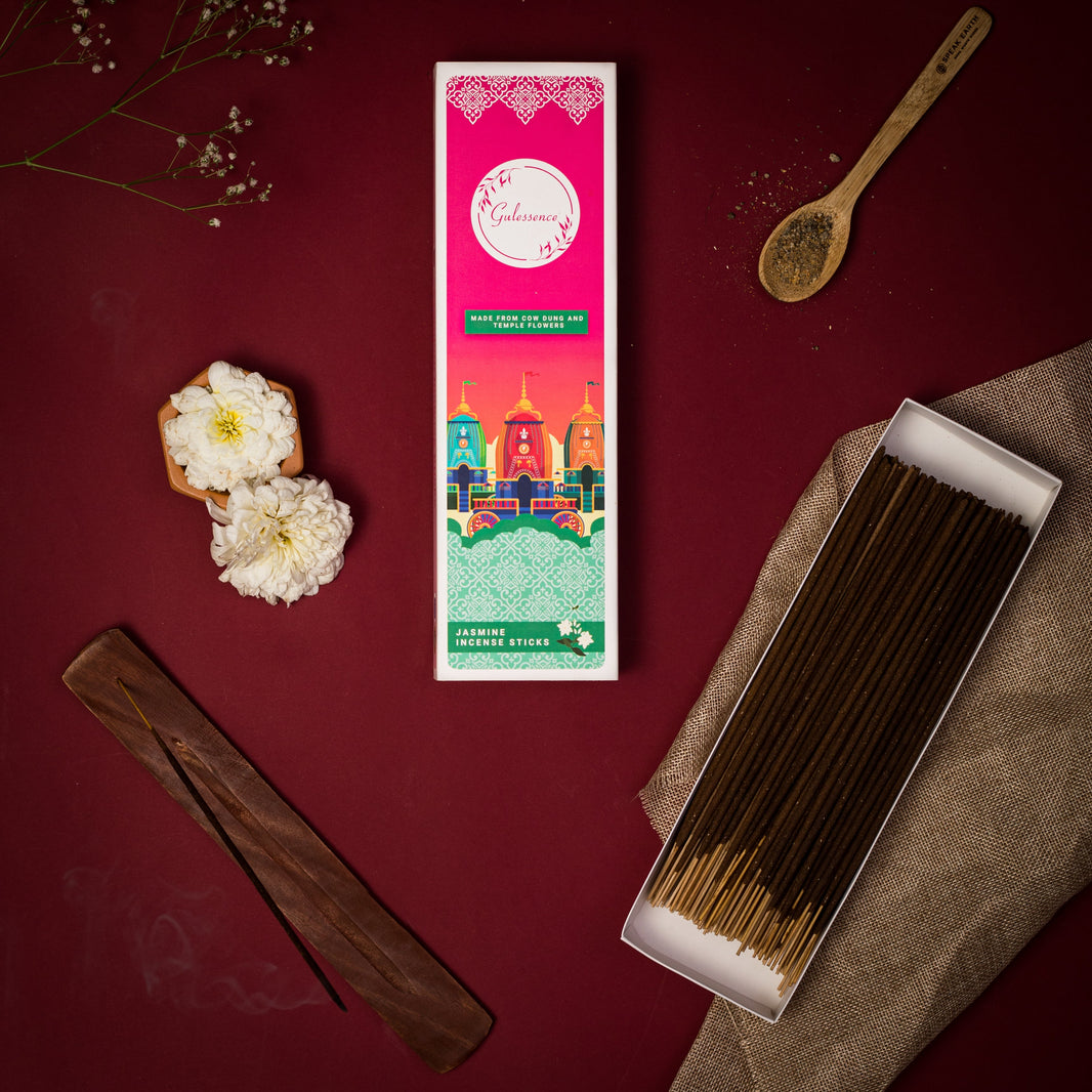 Jasmine Incense Sticks With Free Incense Holder | Made from Cow dung & Temple Flower | Gulessence | Pack of 2 - EarthBased 