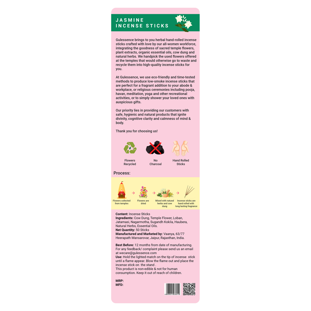 Jasmine Incense Sticks With Free Incense Holder | Made from Cow dung & Temple Flower | Gulessence | Pack of 2 - EarthBased 