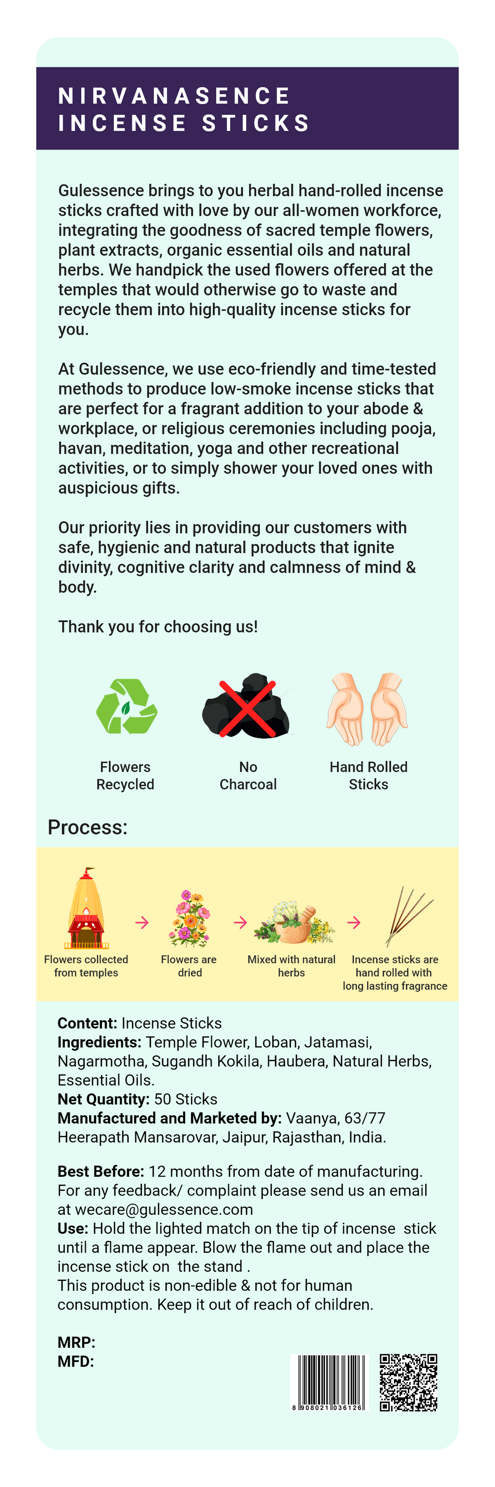 Nirvanasence Incense Sticks With Free Incense Holder| Made from Temple Flower | Gulessence - EarthBased 