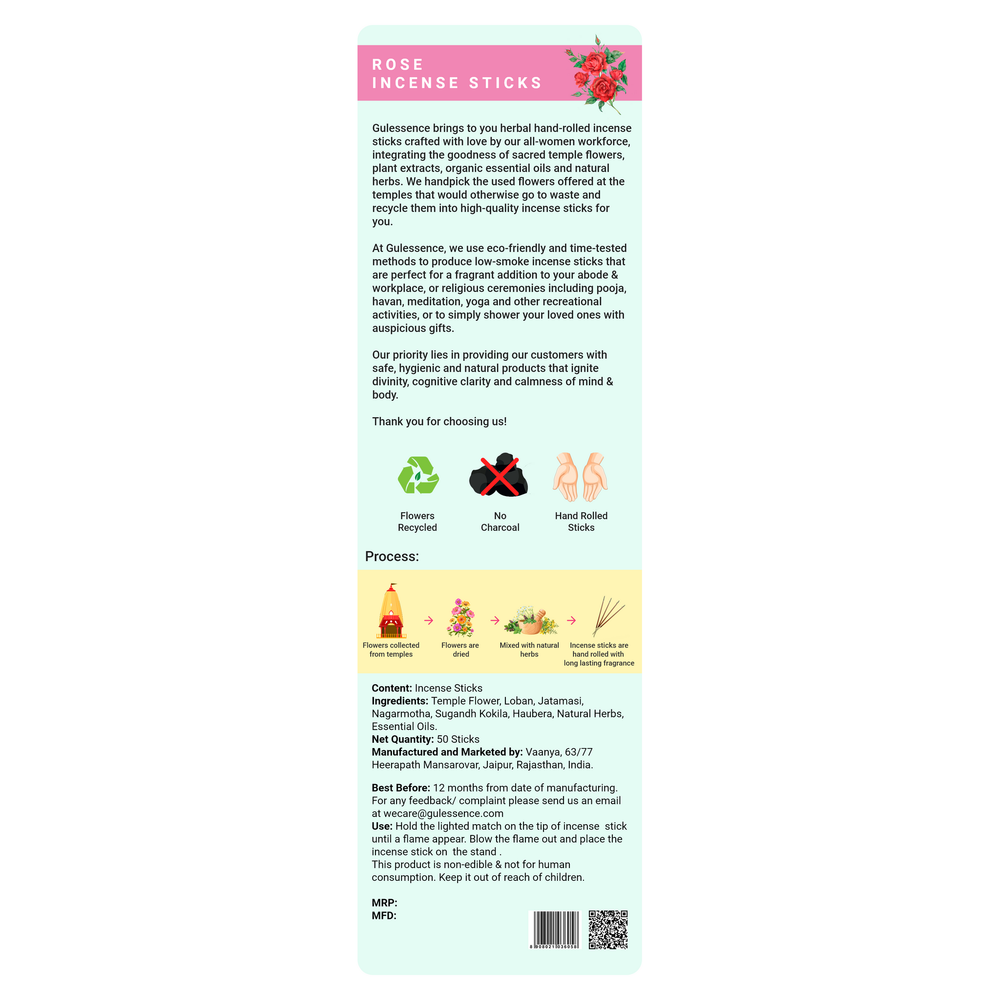 Rose Incense Sticks With Free Incense Holder| Made from Temple Flower | Gulessence - EarthBased 