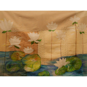 Hand-painted lotus pond textile wall art with kantha embroidery by JOD