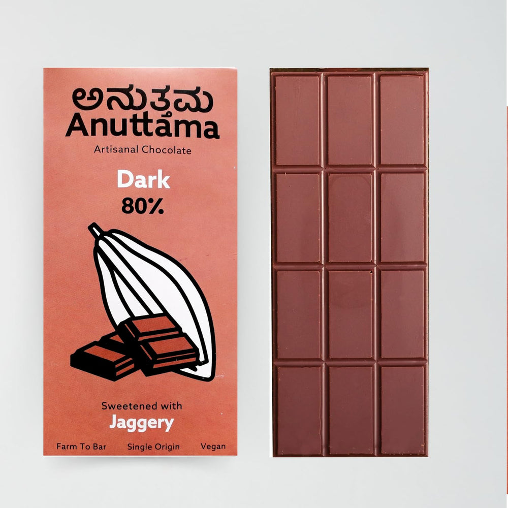 Dark Chocolate Bar | 80% Cocoa | Natural Jaggery Sweetened | Handmade Chocolate | Dark Chocolate Sugar Free | No Artificial Flavours and Colors | Natural Chocolate Bar | by Anuttama - EarthBased 