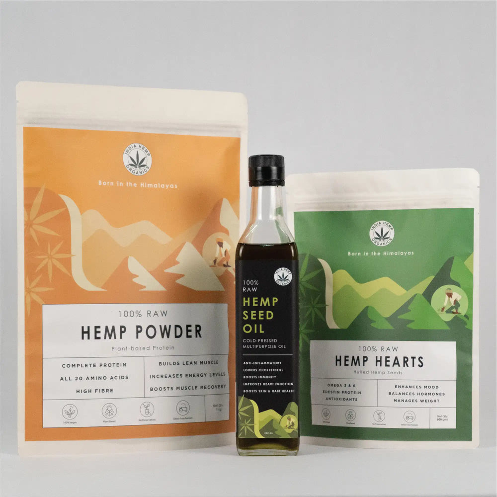 Hemp Starter Pack ( Hemp Protein Powder – 100g, Hemp Hearts – 100g, Hemp Seed Oil – 250ml) - EarthBased 