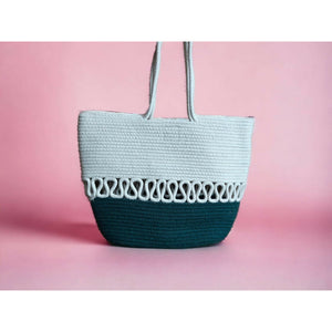 Cream and green handbag from ONEarth, handmade cotton rope weave