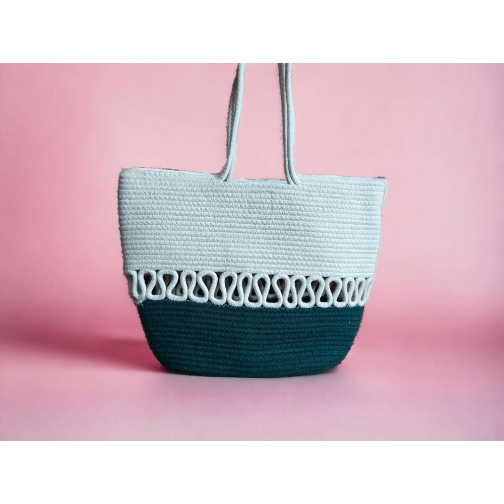Cream and green handbag from ONEarth, handmade cotton rope weave
