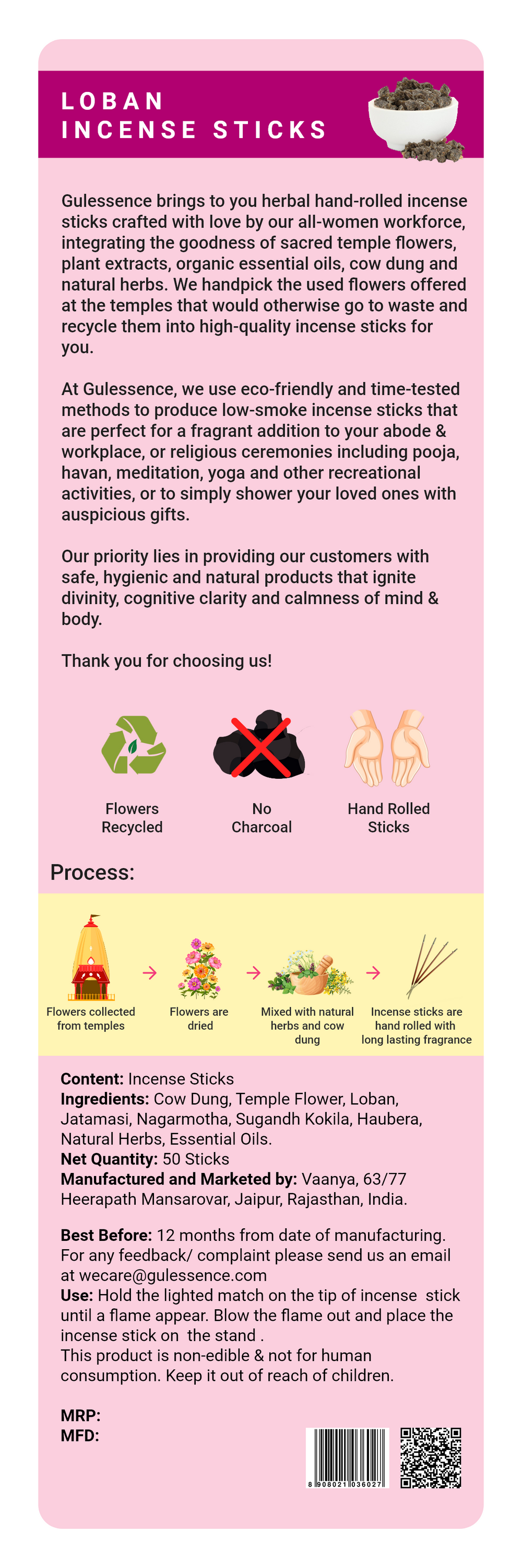 Loban Incense Sticks With Free Incense Holder| Made from Cow dung & Temple Flower | Gulessence - EarthBased 