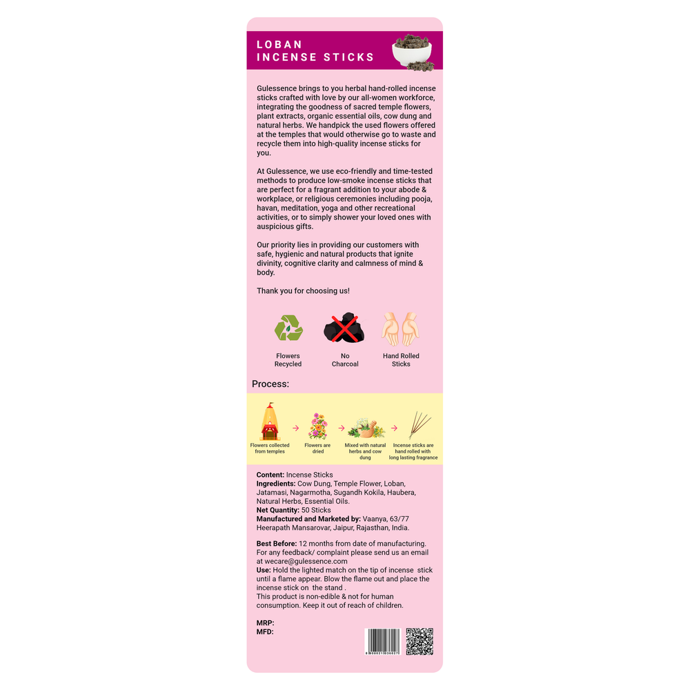 Loban Incense Sticks With Free Incense Holder| Made from Cow dung & Temple Flower | Gulessence - EarthBased 