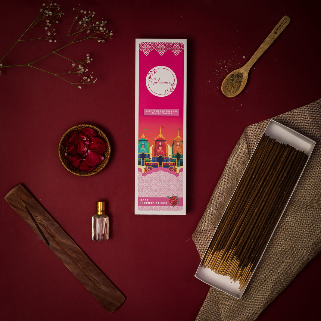 Rose Incense Sticks With Free Incense Holder| Made from Cowdung & Temple Flowers | Gulessence - EarthBased 
