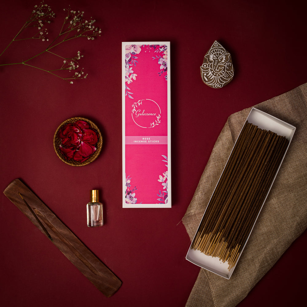 Gulessence  Floral Sandal, Oudh ,Rose Incense Sticks with Free Incense Holder | Pack of 3 (40 Incense Sticks Each Box) - EarthBased 