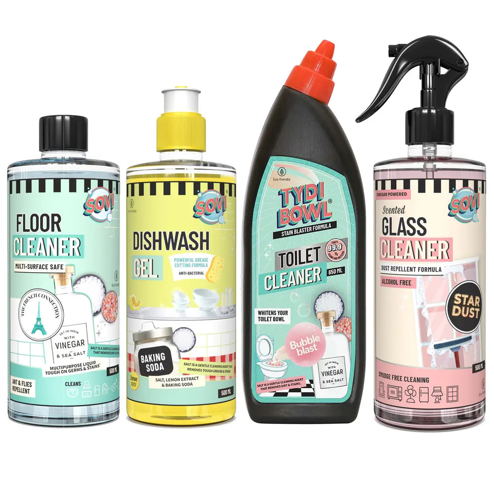 Bestseller Cleaning Kit - SOVI® Floor Cleaner, SOVI® Dishwash Liquid, SOVI® Glass Cleaner, TYDIBOWL® Toilet Cleaner, Pack of 4 - EarthBased 