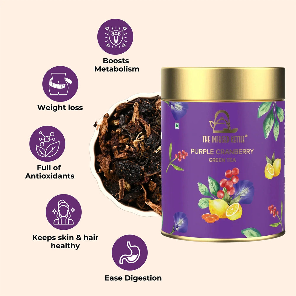 The Infused Kettle Premium Purple Cranberry Green Tea, Loose Herbal Tea Leaves Blended with Lime & Blue Pea Flower, Boosts Metabolism, Low Caffeine Chai - EarthBased 