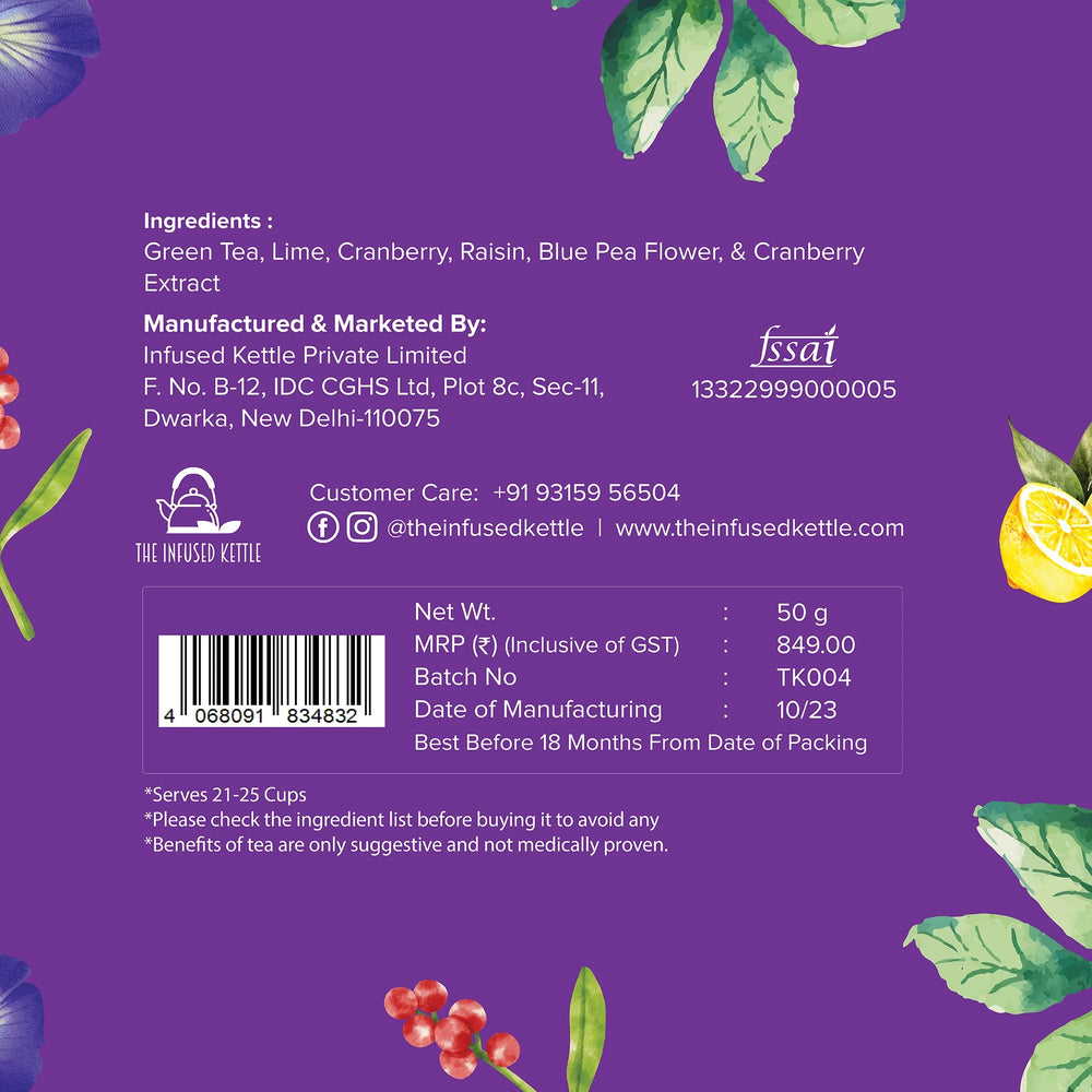 The Infused Kettle Premium Purple Cranberry Green Tea, Loose Herbal Tea Leaves Blended with Lime & Blue Pea Flower, Boosts Metabolism, Low Caffeine Chai - EarthBased 