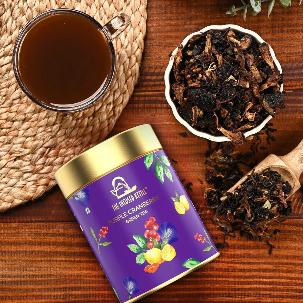 The Infused Kettle Premium Purple Cranberry Green Tea, Loose Herbal Tea Leaves Blended with Lime & Blue Pea Flower, Boosts Metabolism, Low Caffeine Chai - EarthBased 