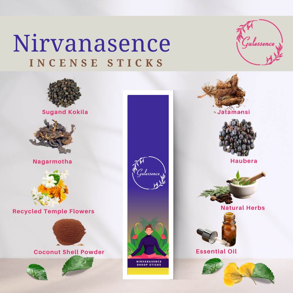 Gulessence (Pack of 6) -Loban ,Oudh, Rose, Jasmine ,Nirvanasence & Sandalwood Incense Sticks with Free Incense Holder - EarthBased 