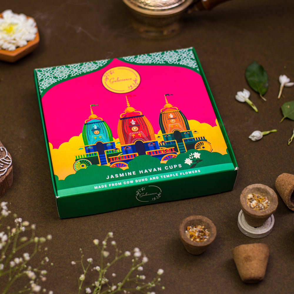Jasmine Havan Cups & Brass Dhooni | Made from Cow dung & Temple Flower   |Gulessence - EarthBased 