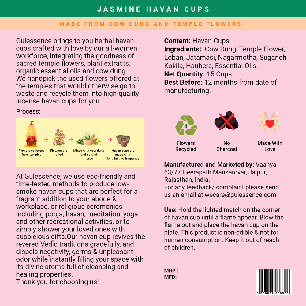 Jasmine Havan Cups & Brass Dhooni | Made from Cow dung & Temple Flower   |Gulessence - EarthBased 