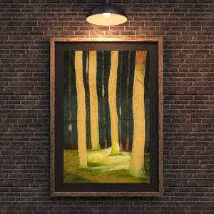 Framed artwork of a forest scene on a brick wall with a light fixture above.