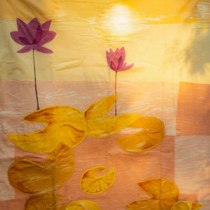 Large handcrafted textile wall art with hand painting, applique and kantha stitch, decorative wall art for living room walls and office interiors.
