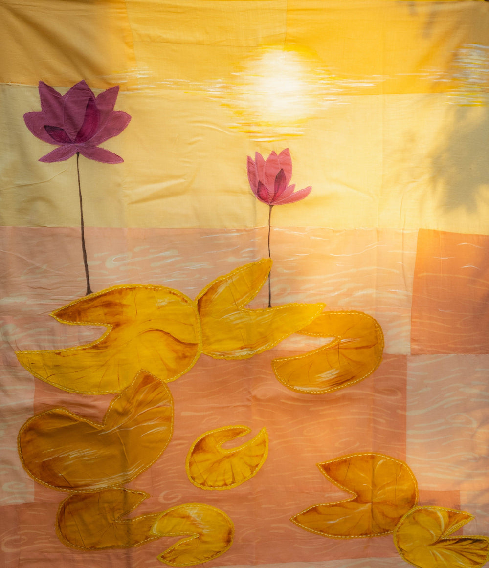 Large handcrafted textile wall art with hand painting, applique and kantha stitch, decorative wall art for living room walls and office interiors.