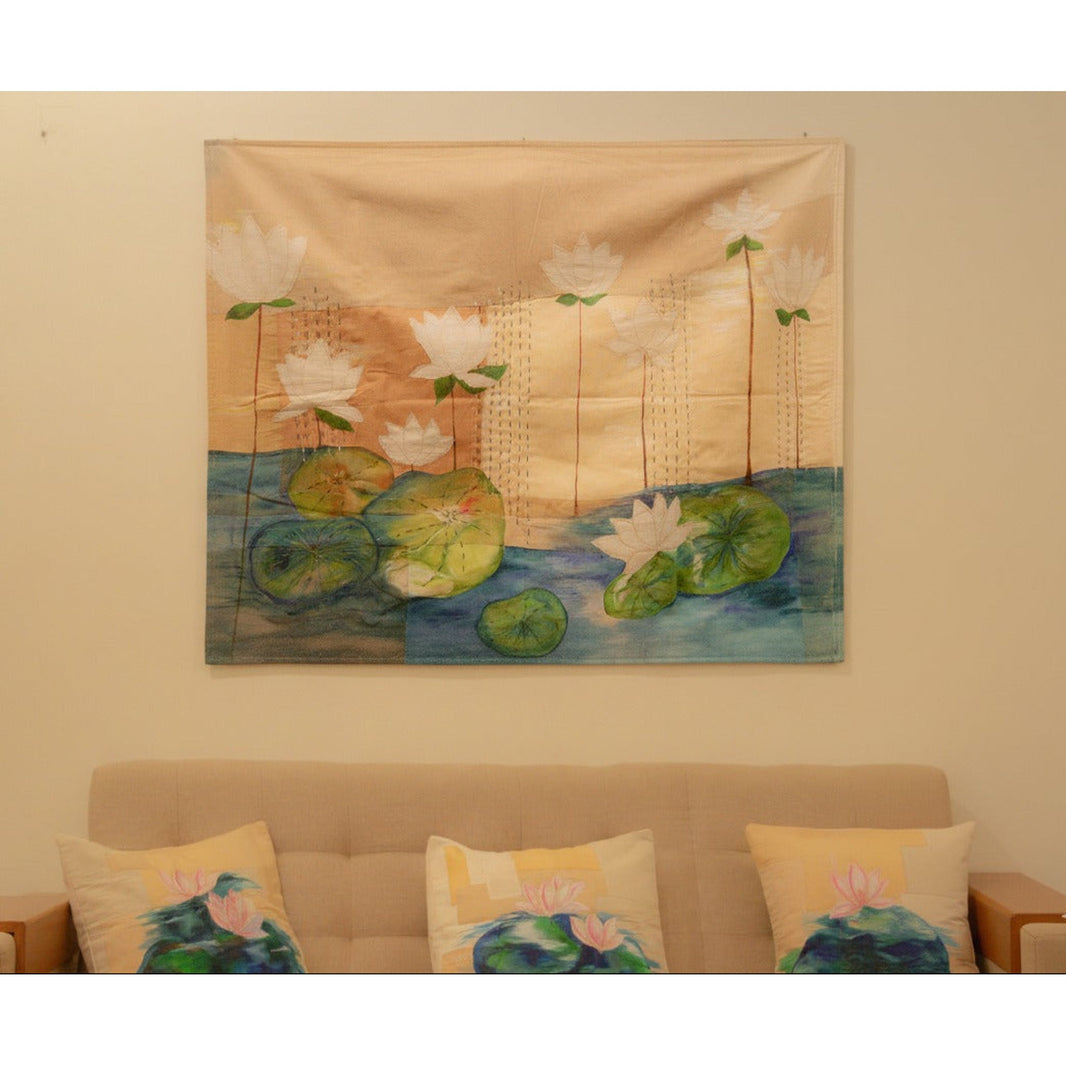 JOD lotus landscape textile wall art, hand-painted with kantha embroidered fabric
