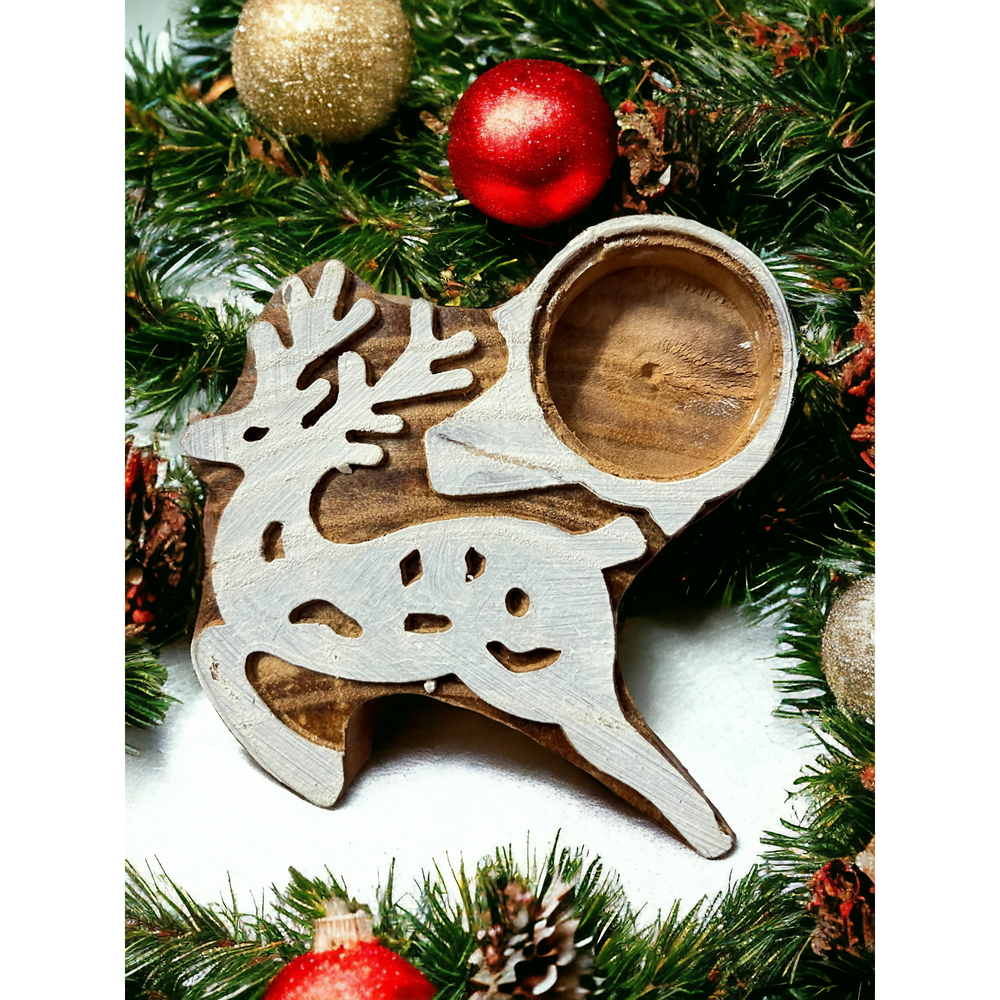 Set of two reindeer tea light holders in Jamun wood by ONEarth