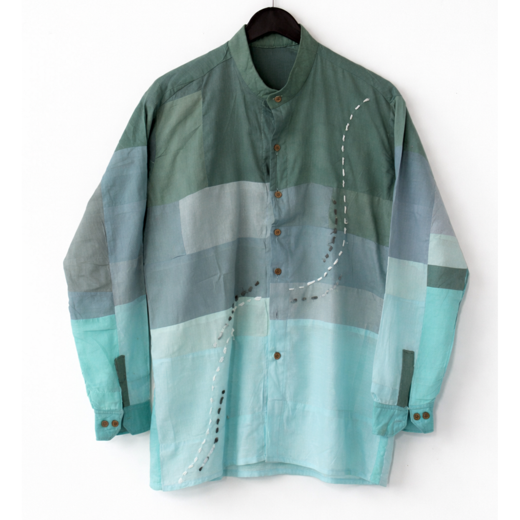 Teal cotton patchwork shirt with running stitch embroidery by JOD