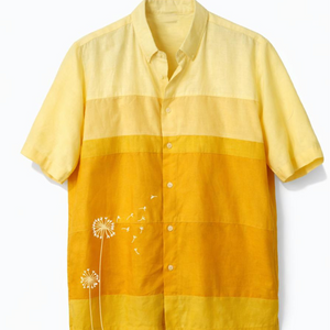 Handmade yellow cotton shirt with embroidered and painted dandelion motif