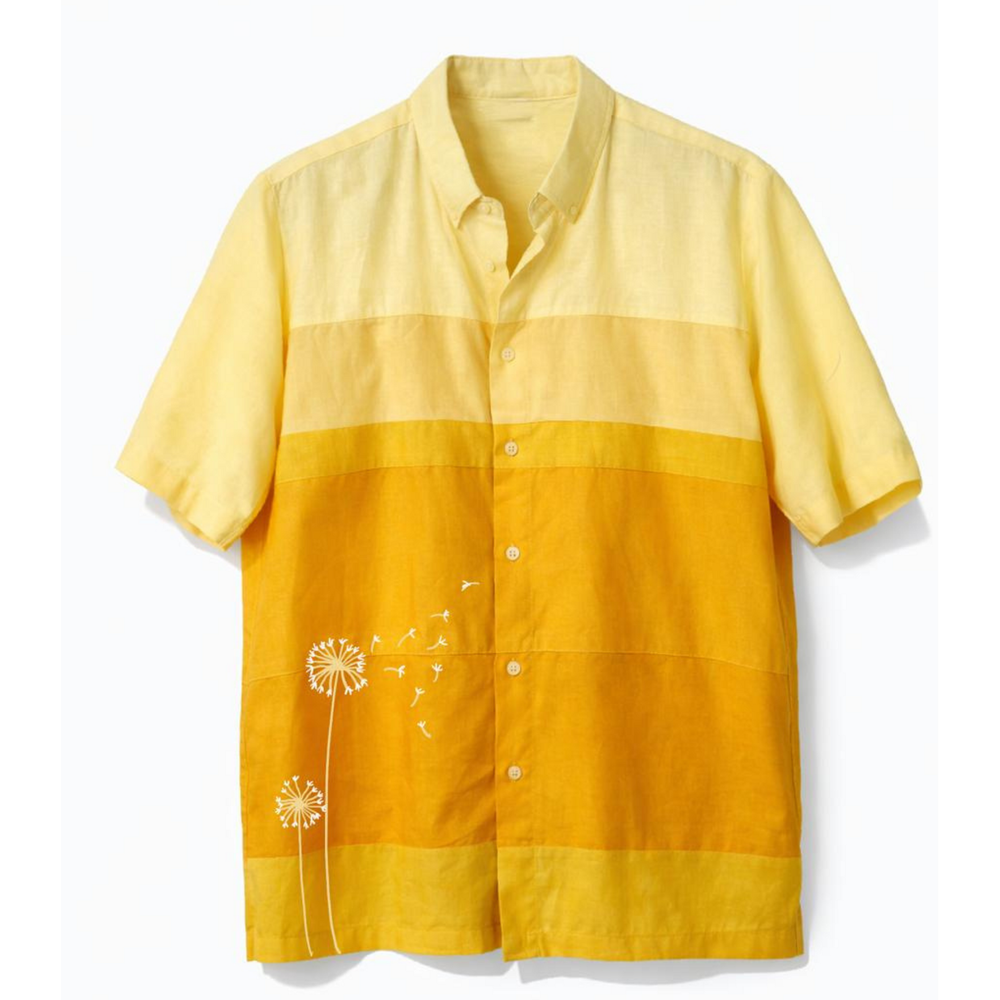 Handmade yellow cotton shirt with embroidered and painted dandelion motif