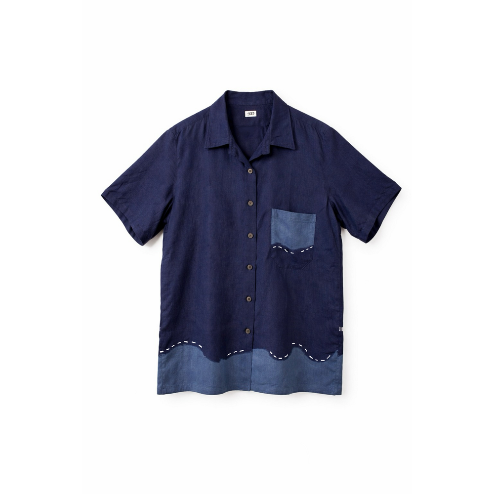 Navy blue short-sleeve shirt with a pocket on a white background
