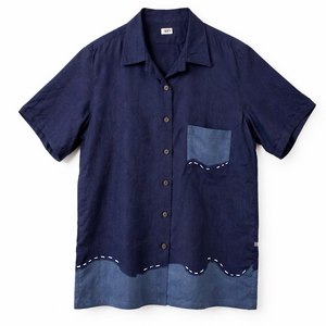 Navy blue short-sleeve shirt with a pocket on a white background