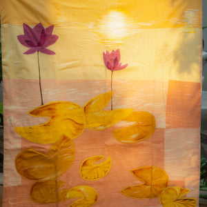 Handmade textile wall art featuring painted fabric and kantha embroidery, contemporary statement wall decor for living rooms, studios and office spaces.