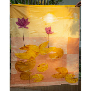 Handmade textile wall art featuring painted fabric and kantha embroidery, contemporary statement wall decor for living rooms, studios and office spaces.
