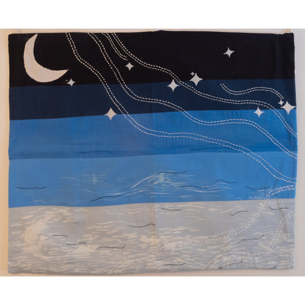 Moonlit sky textile wall art with kantha stitch by JOD, unframed decor