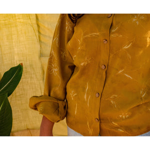 Detail of hand-painted florals on the mustard Phool Shirt by JOD