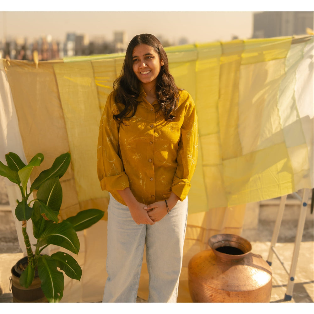 Mustard floral unisex relaxed fit cotton shirt from JOD
