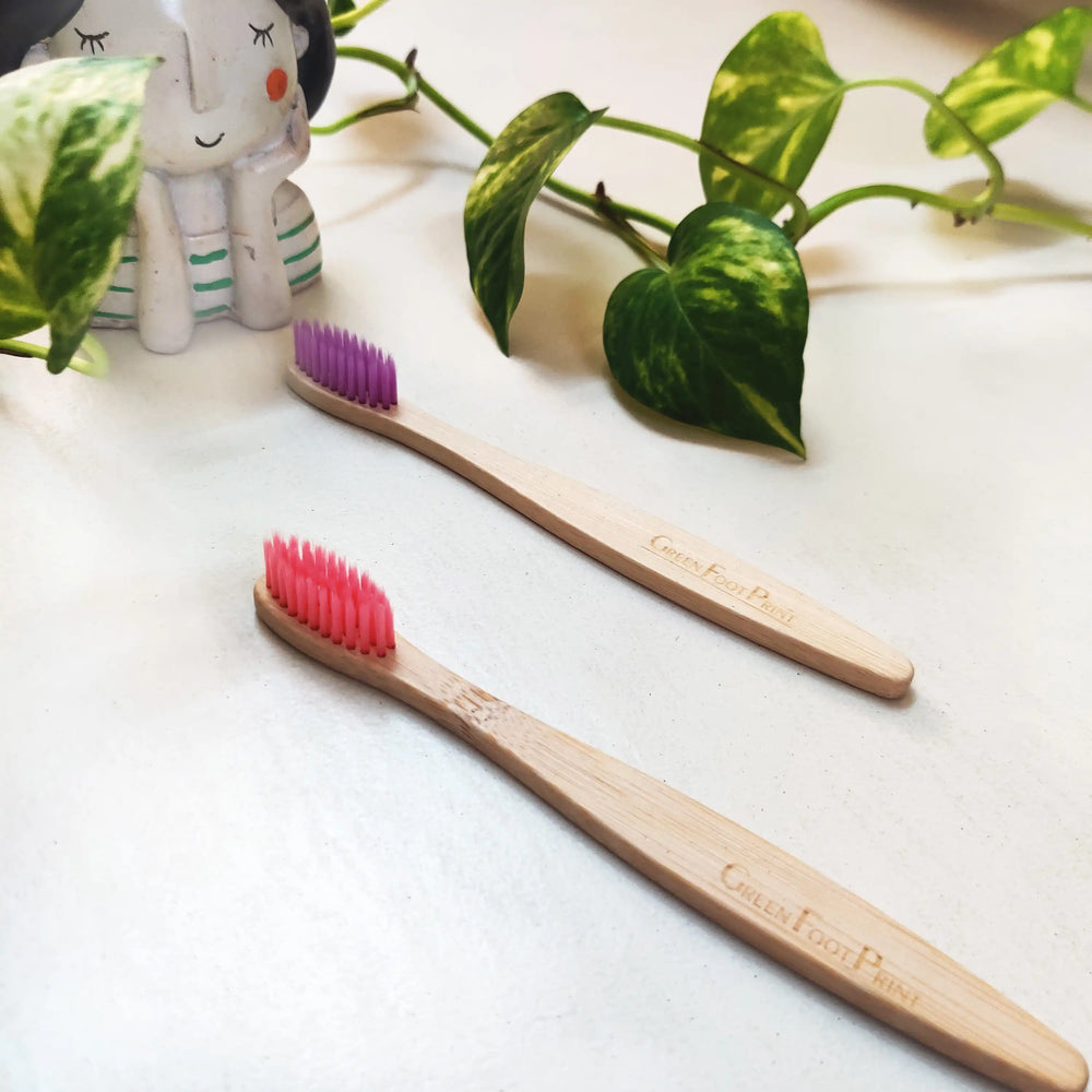 Natural Bamboo Kids Toothbrush - pack of 2 (assorted colours) - EarthBased 