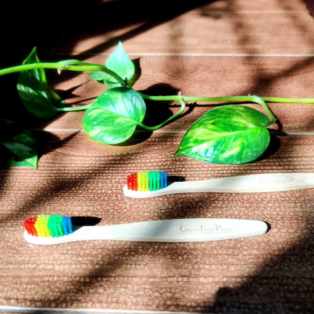 Natural Bamboo Kids Toothbrush - rainbow bristles pack of 2 - EarthBased 
