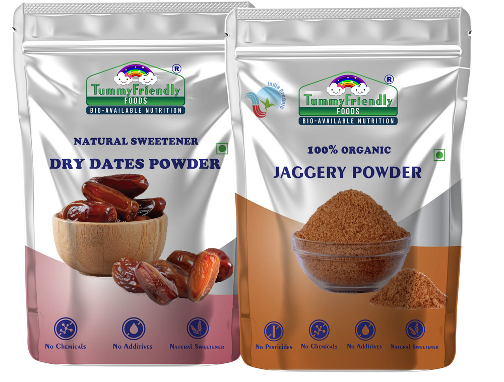 TummyFriendly Foods Natural Sweeteners Premium Dates, Organic Jaggery Powder - 2 Packs, 200g Each Cereal (400 g, Pack of 2) - EarthBased 