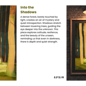 Artistic depiction of a forest with tall trees in a dark setting, framed against a brick wall.