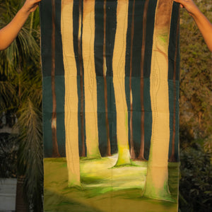 Hand painted textile wall art depicting a forest scene with tall trees and soft landscape tones, statement fabric wall decor for living rooms and studios.