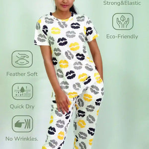 Kisses Print T-shirt & Pant Night Dress in Tofu | Playout - EarthBased 