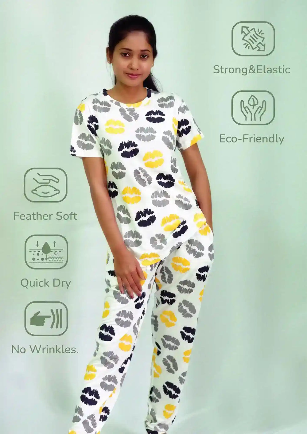 Kisses Print T-shirt & Pant Night Dress in Tofu | Playout - EarthBased 