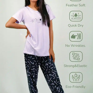 Planets Print Lilac T-shirt & Navy Pant Night Dress | Playout - EarthBased 