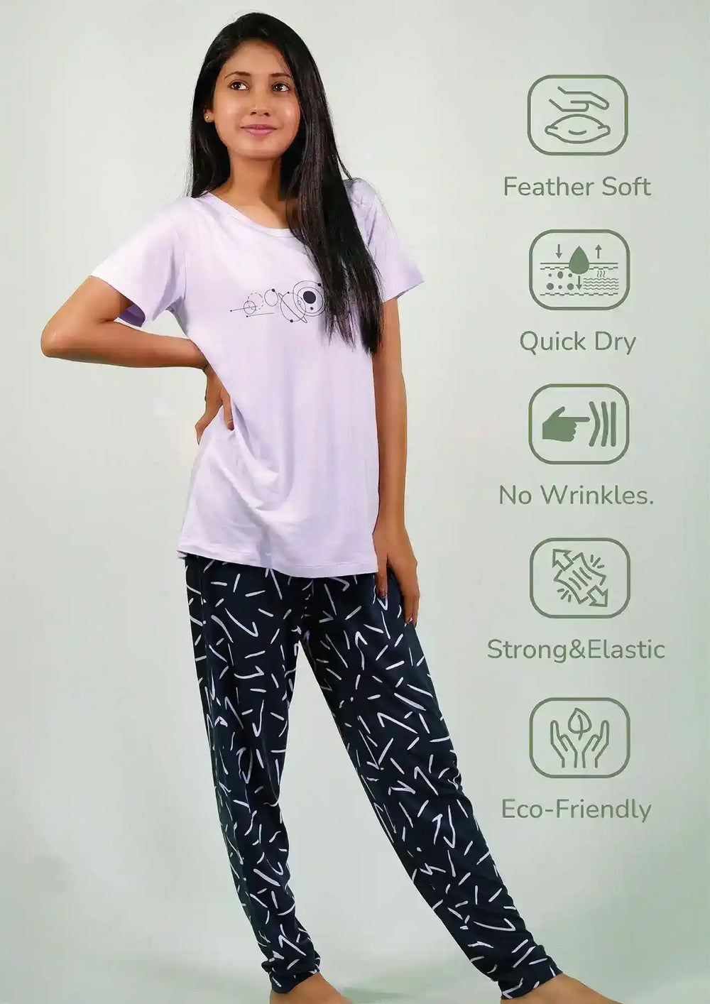 Planets Print Lilac T-shirt & Navy Pant Night Dress | Playout - EarthBased 