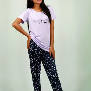 Planets Print Lilac T-shirt & Navy Pant Night Dress | Playout - EarthBased 