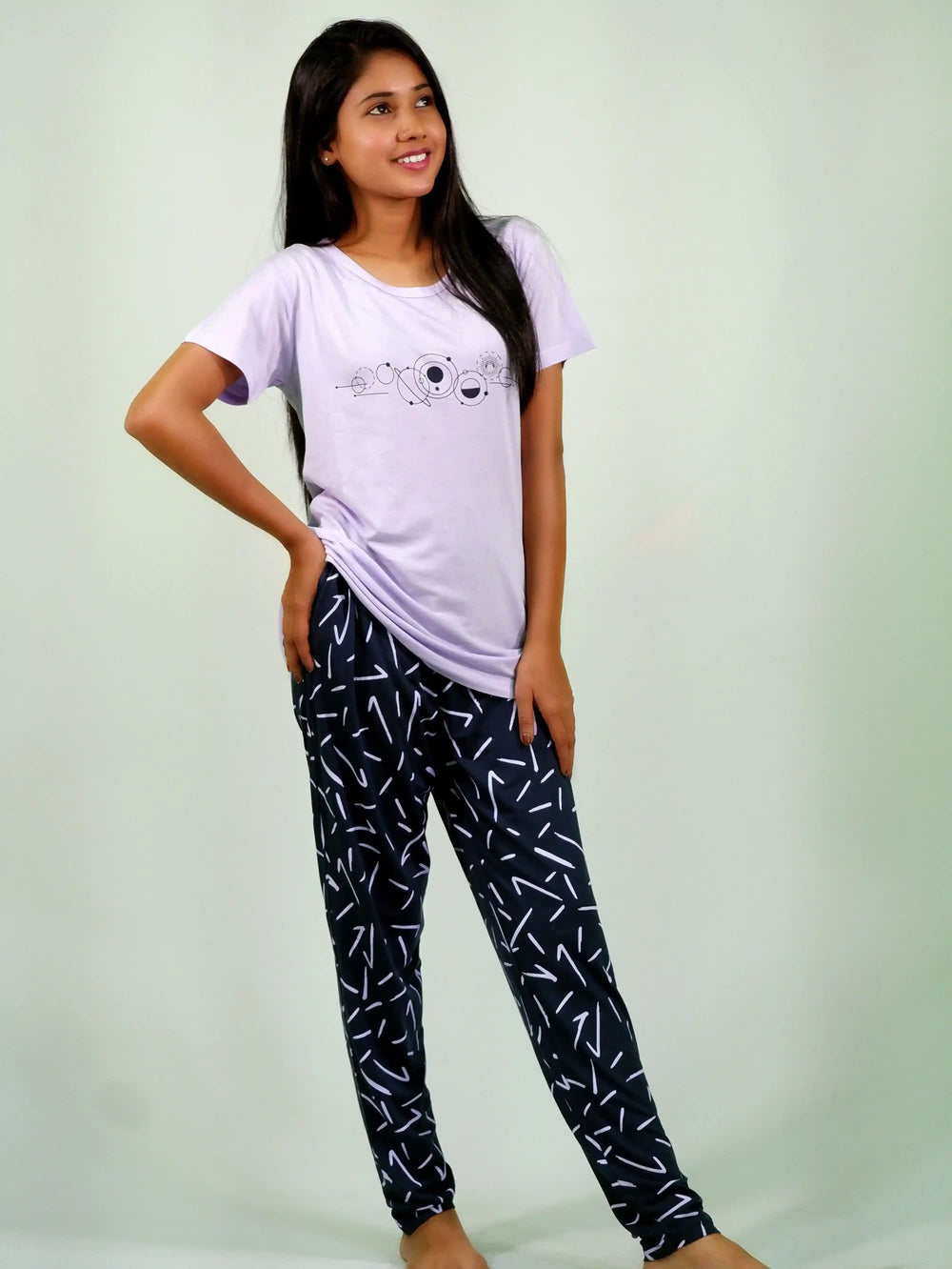 Planets Print Lilac T-shirt & Navy Pant Night Dress | Playout - EarthBased 